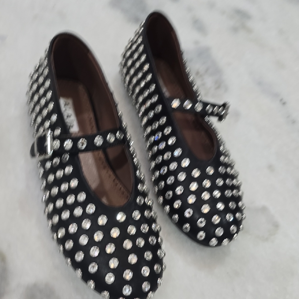 Black "Alaia" Style Flat With Crystal Stufds